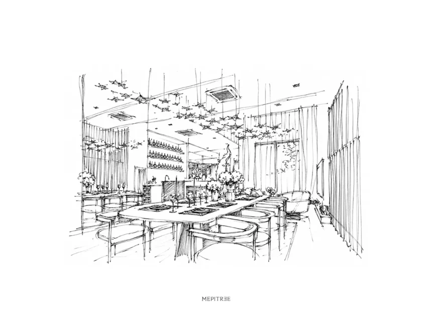 ภาพสเก็ตช์ห้องรับประทานอาหารและงานตกแต่งแขวนเหนือโต๊ะ