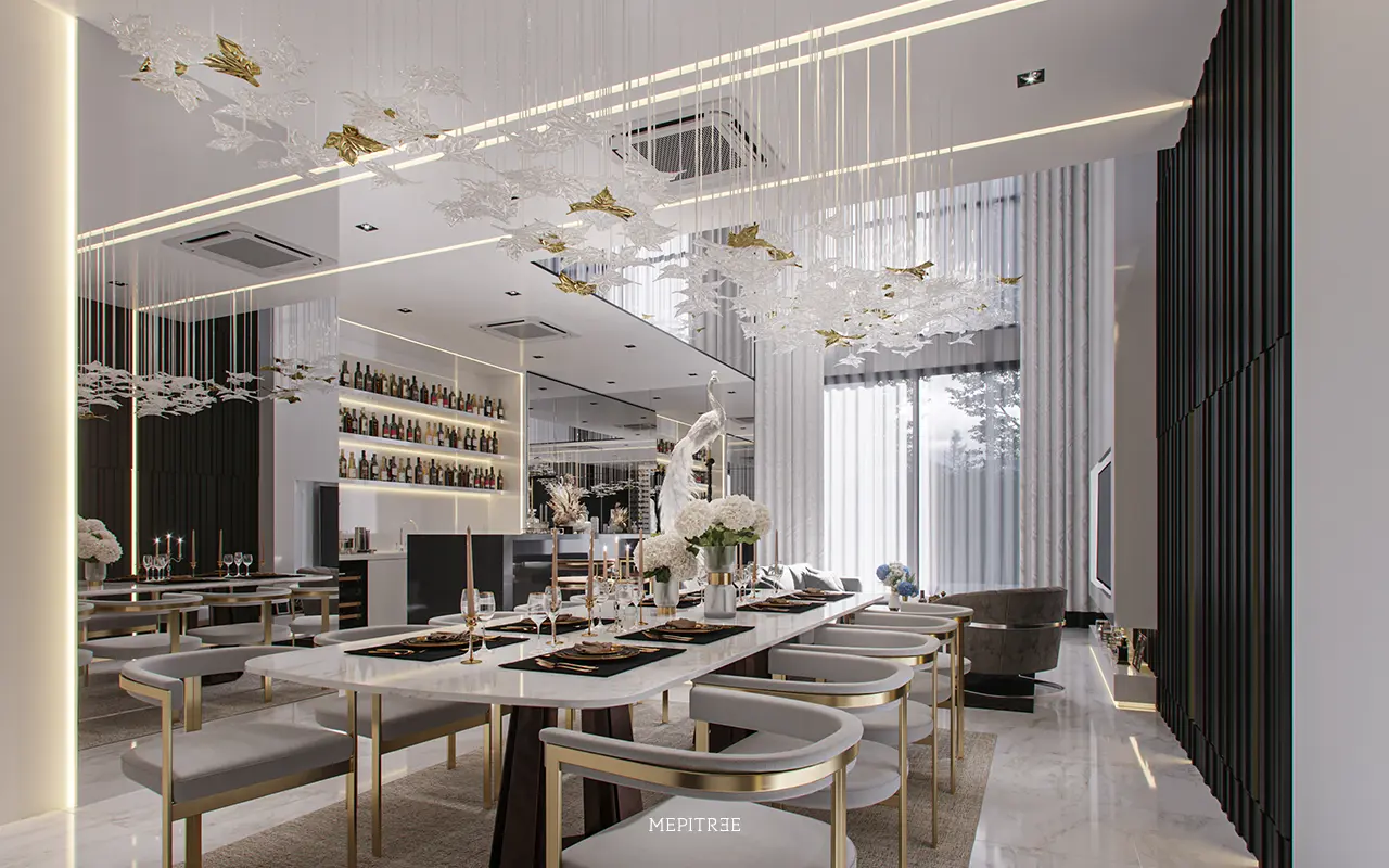 ห้องรับประทานอาหารที่เชื่อมพื้นที่นั่งเล่นและบาร์ภายในบ้าน