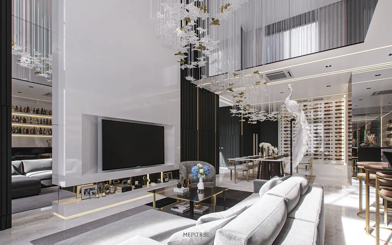 ห้องนั่งเล่นโทนขาวดำที่จัดวางเสมือน Residential Gallery