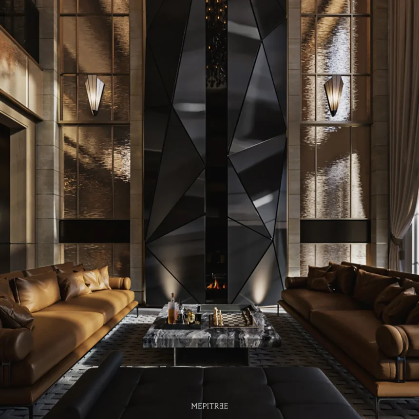 Main living room showcasing geometric architectural surfaces inspired by hypercar design