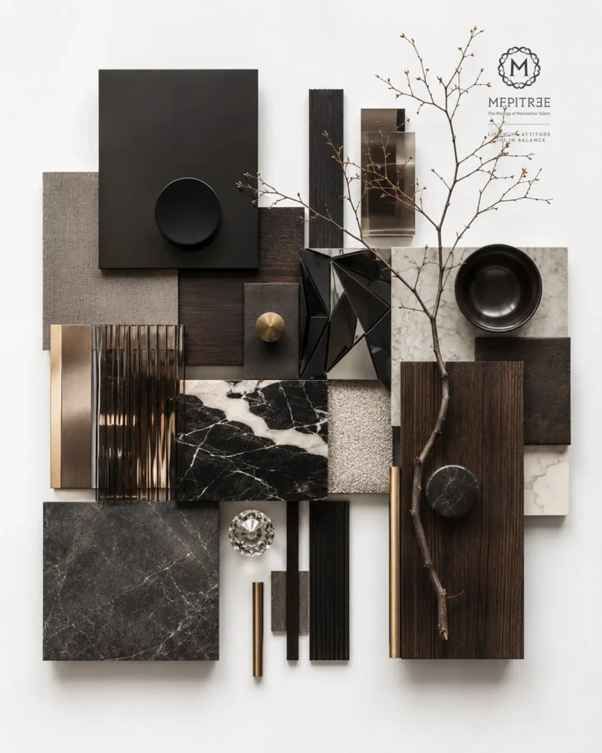 Material board for The Hypercar Sanctuary featuring dark wood, metal, marble and textured finishes