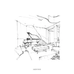 Concept sketch of the staircase and piano area at The Hypercar Sanctuary
