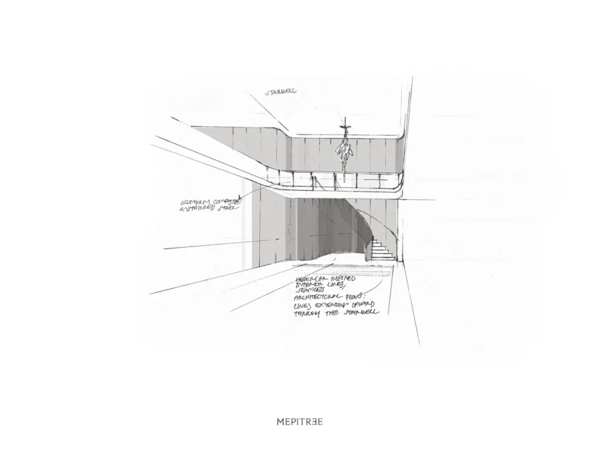 Concept sketch of the staircase area at The Hypercar Sanctuary