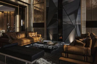 The Hypercar Sanctuary living room by MEPITREE with a geometric fireplace tower