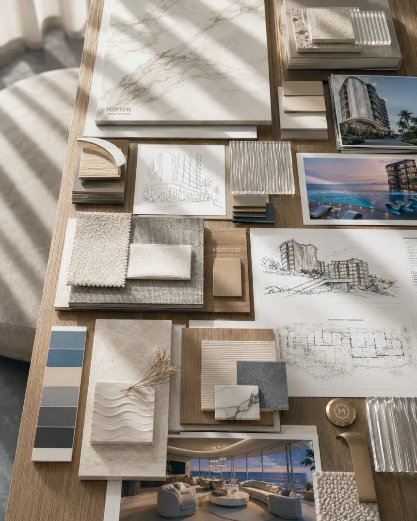 Material Moodboard งานสถาปัตยกรรม Le Kamala รวมโทนสี พื้นผิว และวัสดุที่ได้แรงบันดาลใจจากทะเลและชายฝั่งภูเก็ต