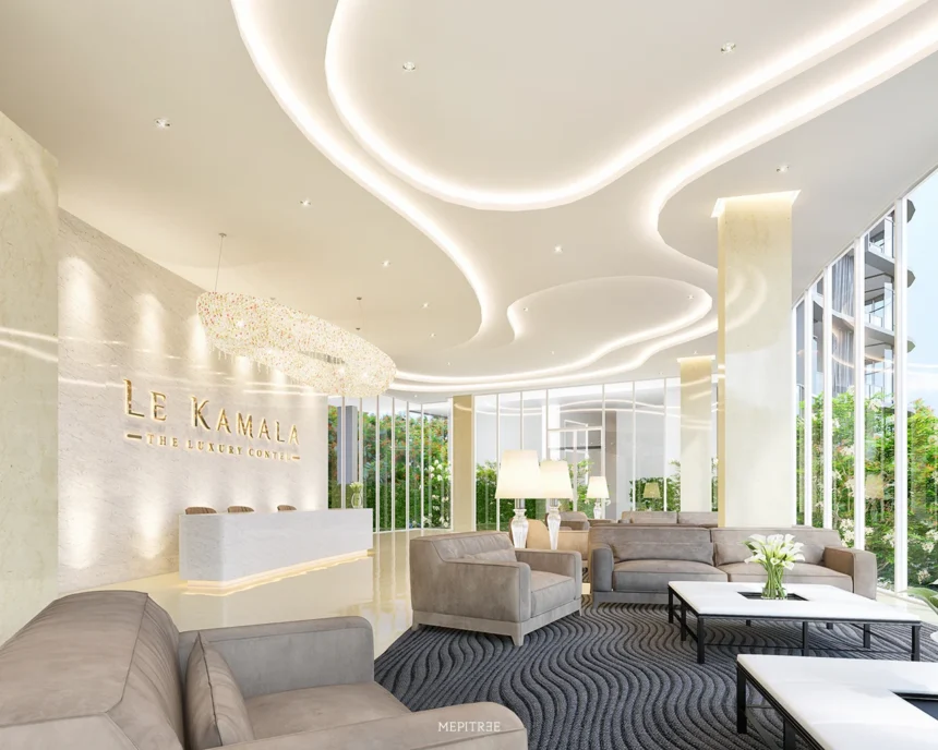 Lobby ของ Le Kamala ถ่ายทอดเส้นสายของผิวน้ำผ่านฝ้าโค้ง แสงสะท้อน และพื้นที่ภายในที่เปิดรับธรรมชาติ