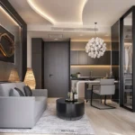 พื้นที่ Living Area ภายในห้องพัก Le Kamala กับเส้นสายโค้งของฝ้าและการออกแบบพื้นที่ใช้งานอย่างต่อเนื่อง