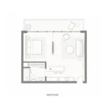 Floor Plan ห้องพัก Le Kamala แสดงการจัดพื้นที่ห้องนอน Living Area Pantry ห้องน้ำ และระเบียง