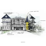 สเก็ตช์แนวคิด Façade ของ The Grand Colonial Sanctuary แสดงการพัฒนาอาคารเดิมสู่สถาปัตยกรรมนีโอคลาสสิกและ Turret Tower