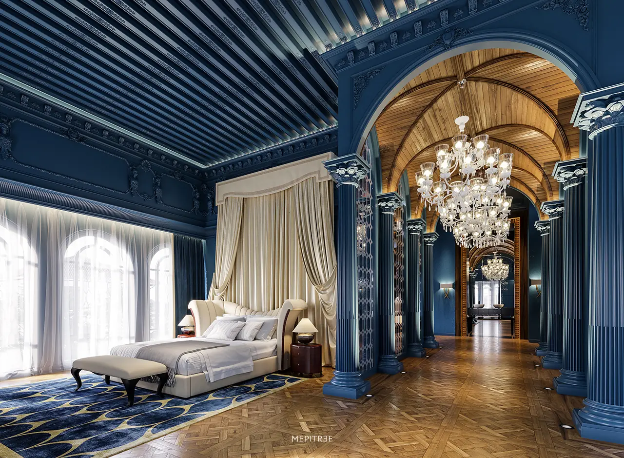 Master Suite สีน้ำเงินโคบอลต์พร้อมเสาโรมันและฝ้าไม้โค้ง
