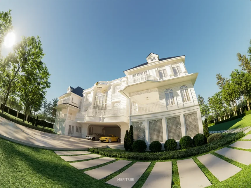 มุมมองภายนอก The Grand Colonial Sanctuary ในเวลากลางวัน กับ Façade สีงาช้างและสวนที่โอบล้อมตัวอาคาร