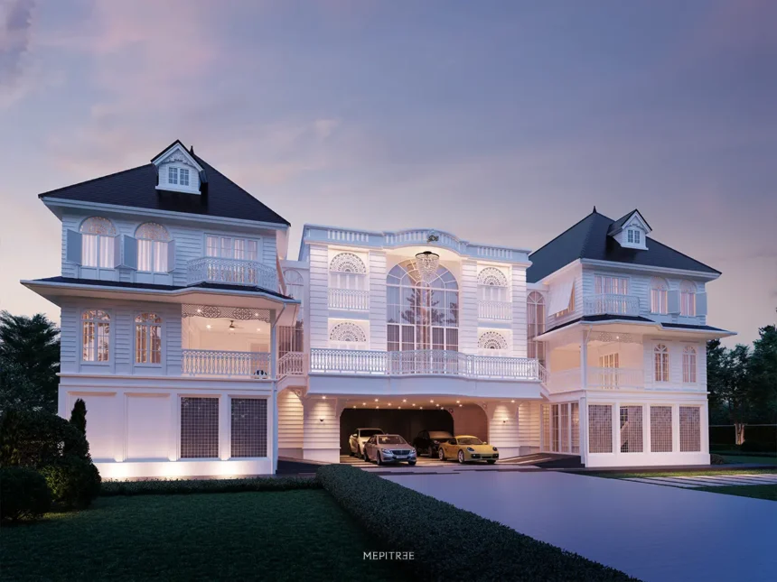 Façade ด้านหน้าของ The Grand Colonial Sanctuary แสดงองค์ประกอบสมมาตร ซุ้มโค้ง และรายละเอียดสถาปัตยกรรมนีโอคลาสสิก
