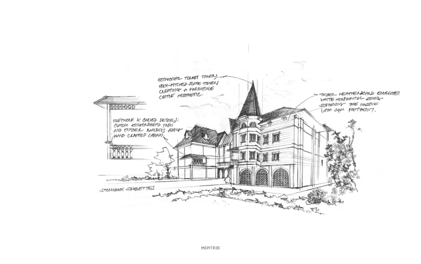 ภาพสเก็ตช์แนวคิดภายนอกพร้อมหอคอยแปดเหลี่ยมและผนังไม้ Weatherboard
