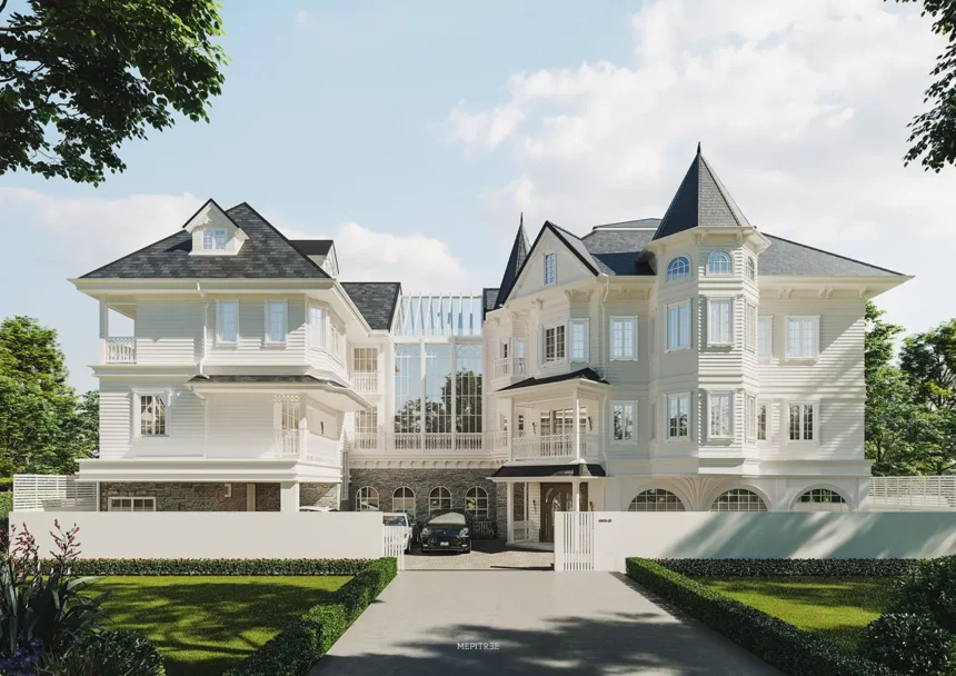 มุมด้านหน้าของ The Storybook Cottage Estate พร้อม Glasshouse กลางอาคาร