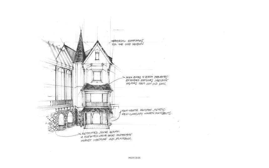 ภาพสเก็ตช์การปรับสถาปัตยกรรม British Cottage ให้เหมาะกับภูมิอากาศเขตร้อน