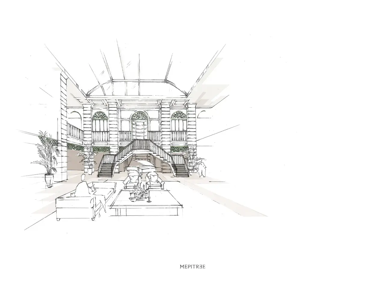 สเก็ตช์พื้นที่โถงหลักและบันไดประธานในงานออกแบบ The Eclectic Sanctuary