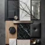 Material palette ของ The Eclectic Sanctuary ที่รวบรวมหินอ่อน ไม้ หนัง โลหะ และพื้นผิวโทนเข้ม