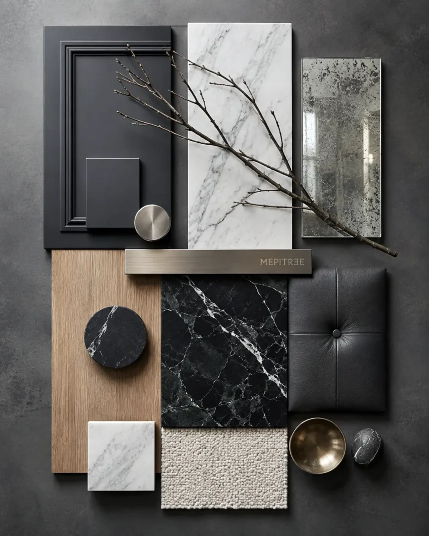 Material palette ของ The Eclectic Sanctuary ที่รวบรวมหินอ่อน ไม้ หนัง โลหะ และพื้นผิวโทนเข้ม
