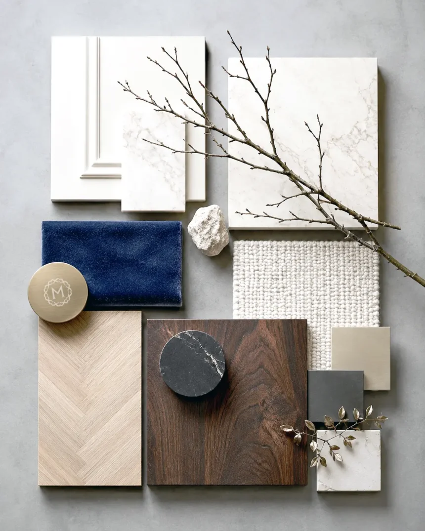 Material palette ของ The Eclectic Sanctuary ที่รวบรวมหินอ่อน ไม้ หนัง โลหะ และพื้นผิวโทนเข้ม